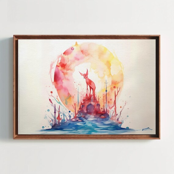 Fox On A Rock Fantasy Watercolor Painting Art Fantasia Style Nature Home Office Decor Wall