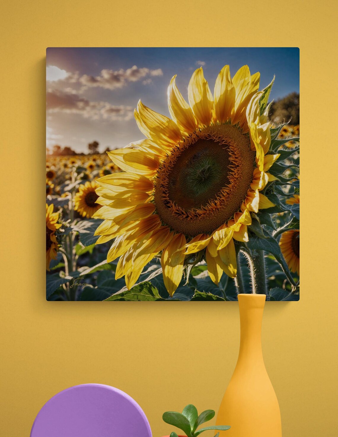 Sunflower Close-Up in Golden Field at Sunset Botanical Poster