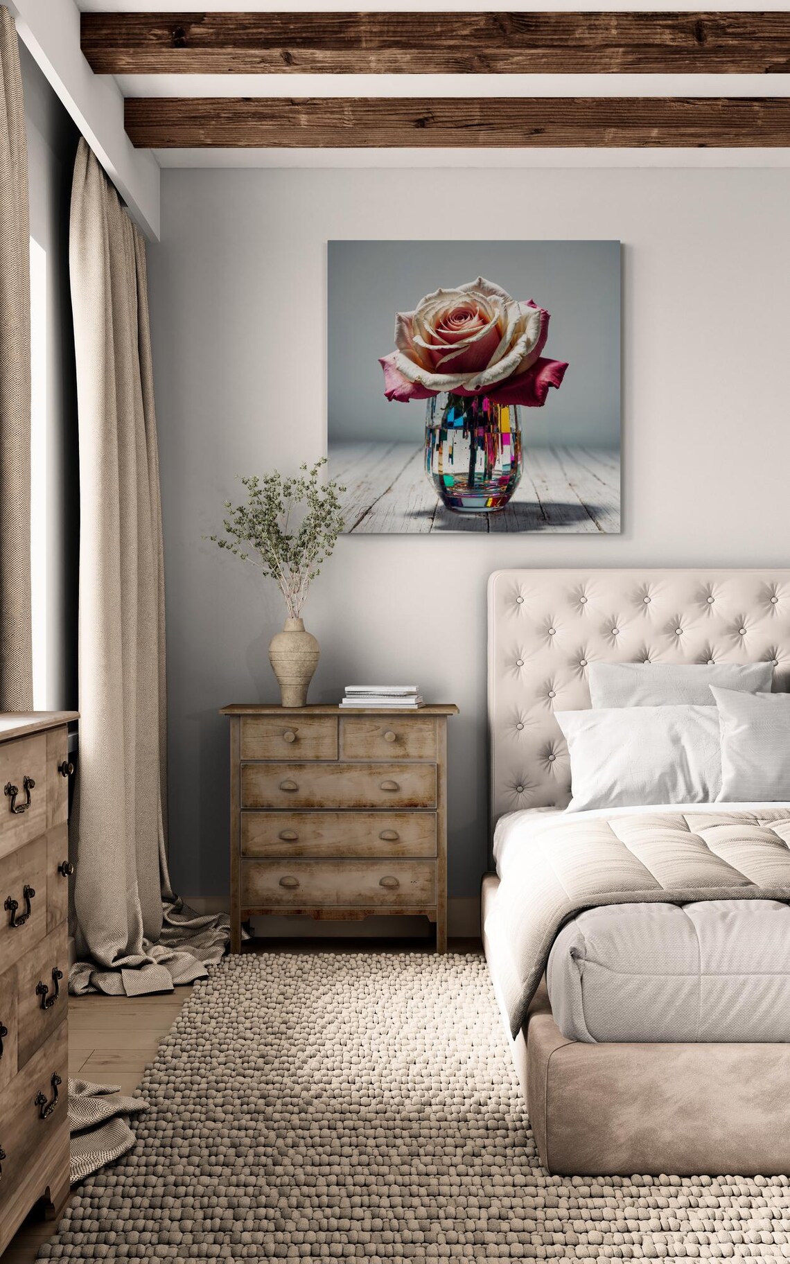 Single Rose in a Colorful Painted Glass Vase Farmhouse Poster