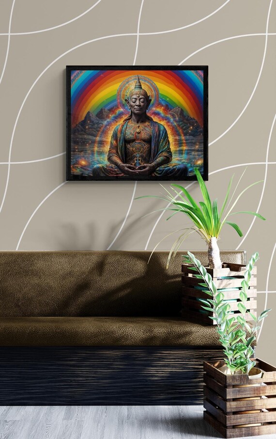 Psychedelic Meditating Buddha with Rainbow Halo Vision Poster