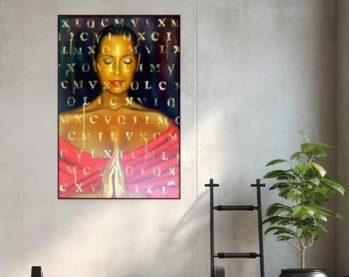 Praying Woman Meditation Spiritual Hands Red Sari Painting Poster - Image 2