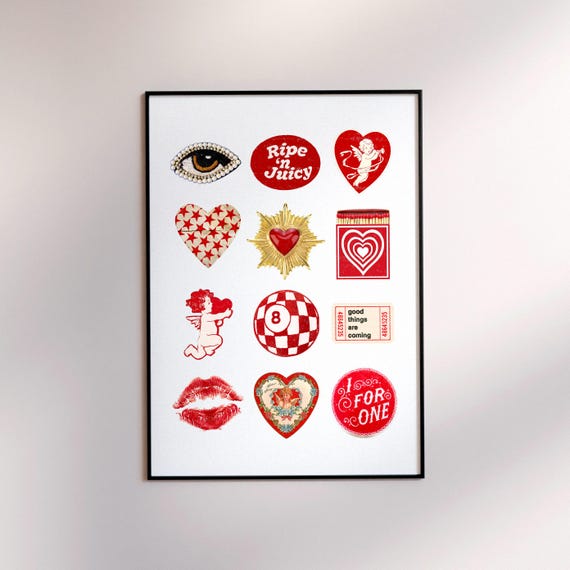 Vintage Retro Collage Red Heart Print Trendy Wall Art Funky Bar Cart Decor Preppy Y2k Room Home