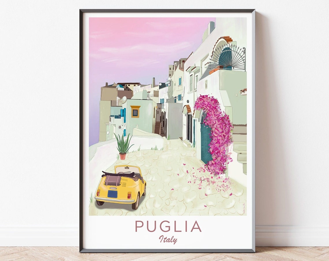 Italy Travel Print Italy Puglia Travel Poster Puglia Illustration Vintage Fiat 500 Puglia Wall Art Oldtimer Illustration Puglia Art