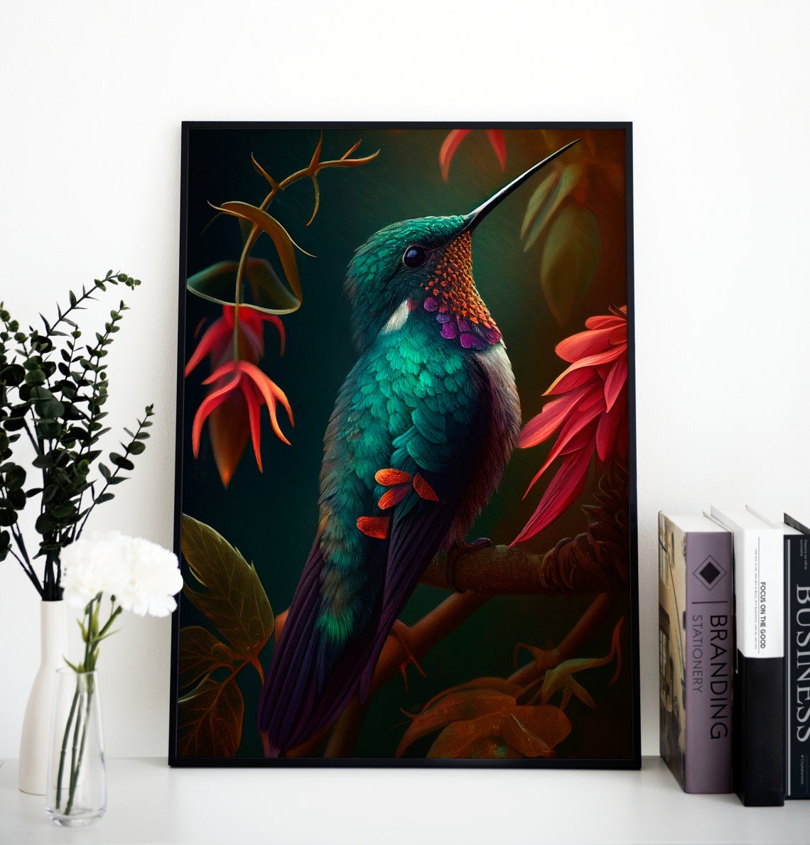 Emerald Hummingbird with Red Flowers Dark Moody Bird Art Poster