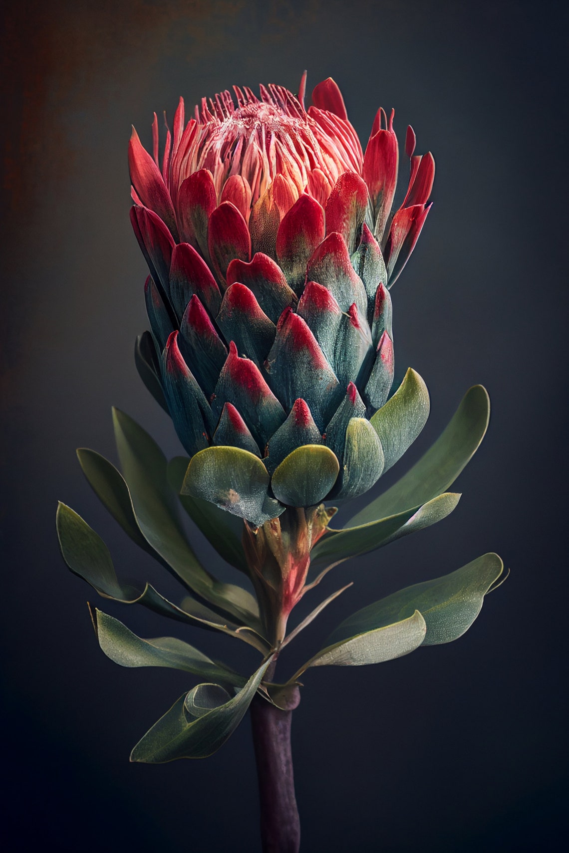Crimson Spiky Bloom Dark Moody Floral Botanical Art Painting Poster - Image 2