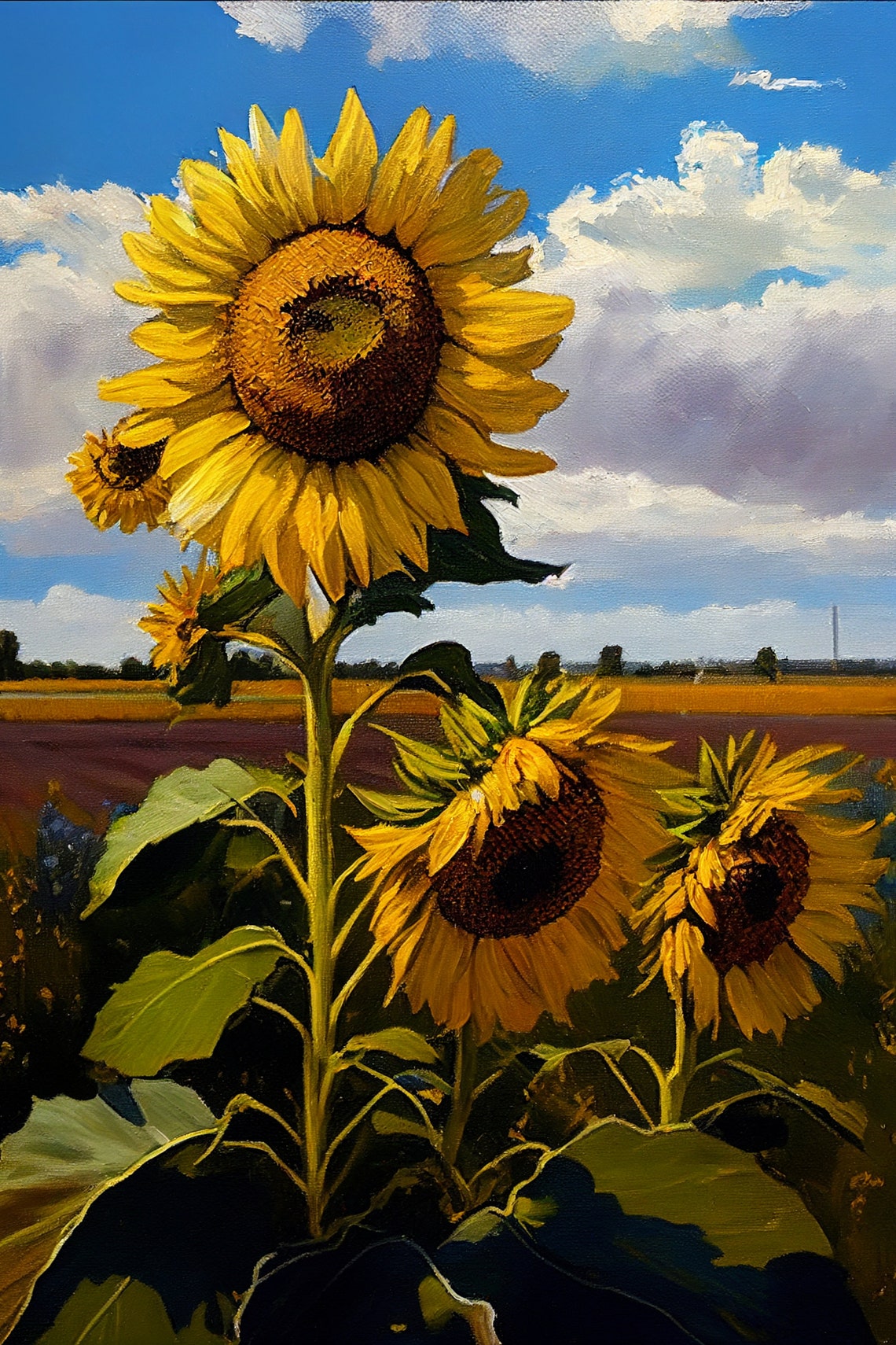 Bold Sunflowers Under Blue Cloudy Sky Classic Floral Art Poster - Image 2