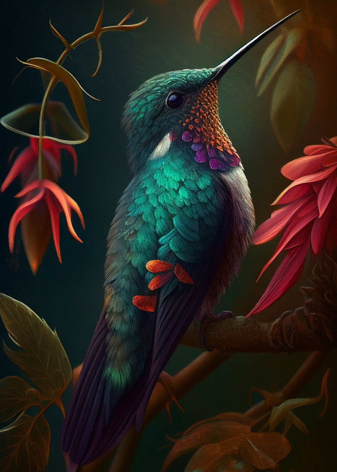 Emerald Hummingbird with Red Flowers Dark Moody Bird Art Poster - Image 2