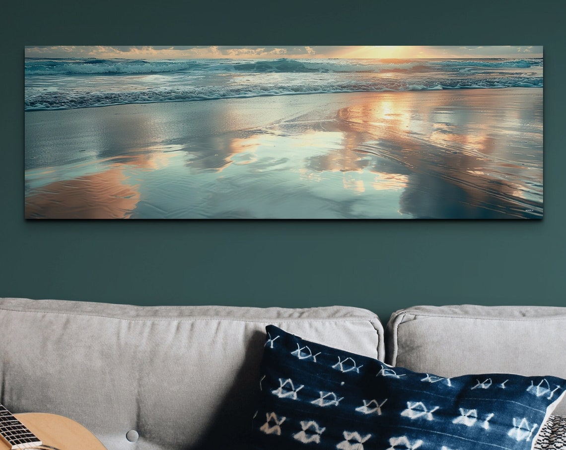 Golden Sunset Waves Ocean Shore Sky Reflections Panoramic Wall Art
