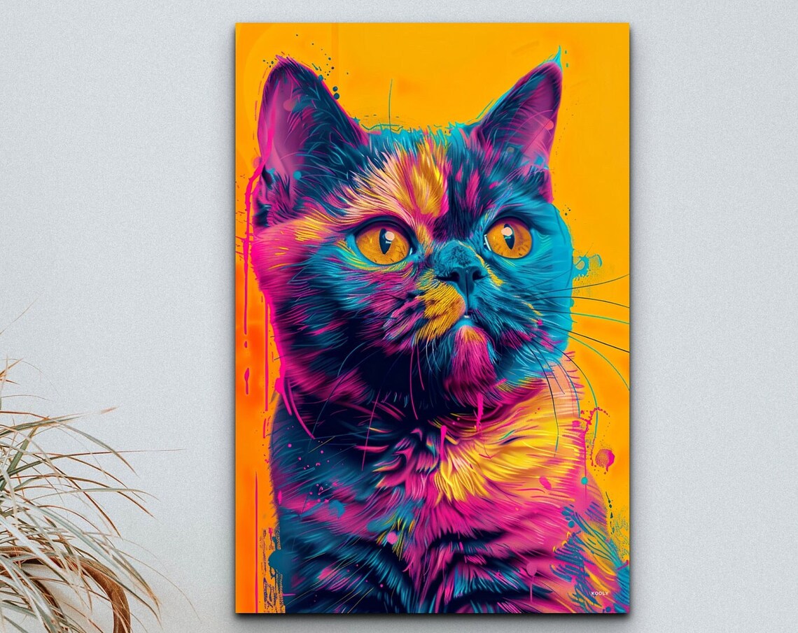 Colorful Cat Portrait on Bright Yellow Pop Art Background Wall Art