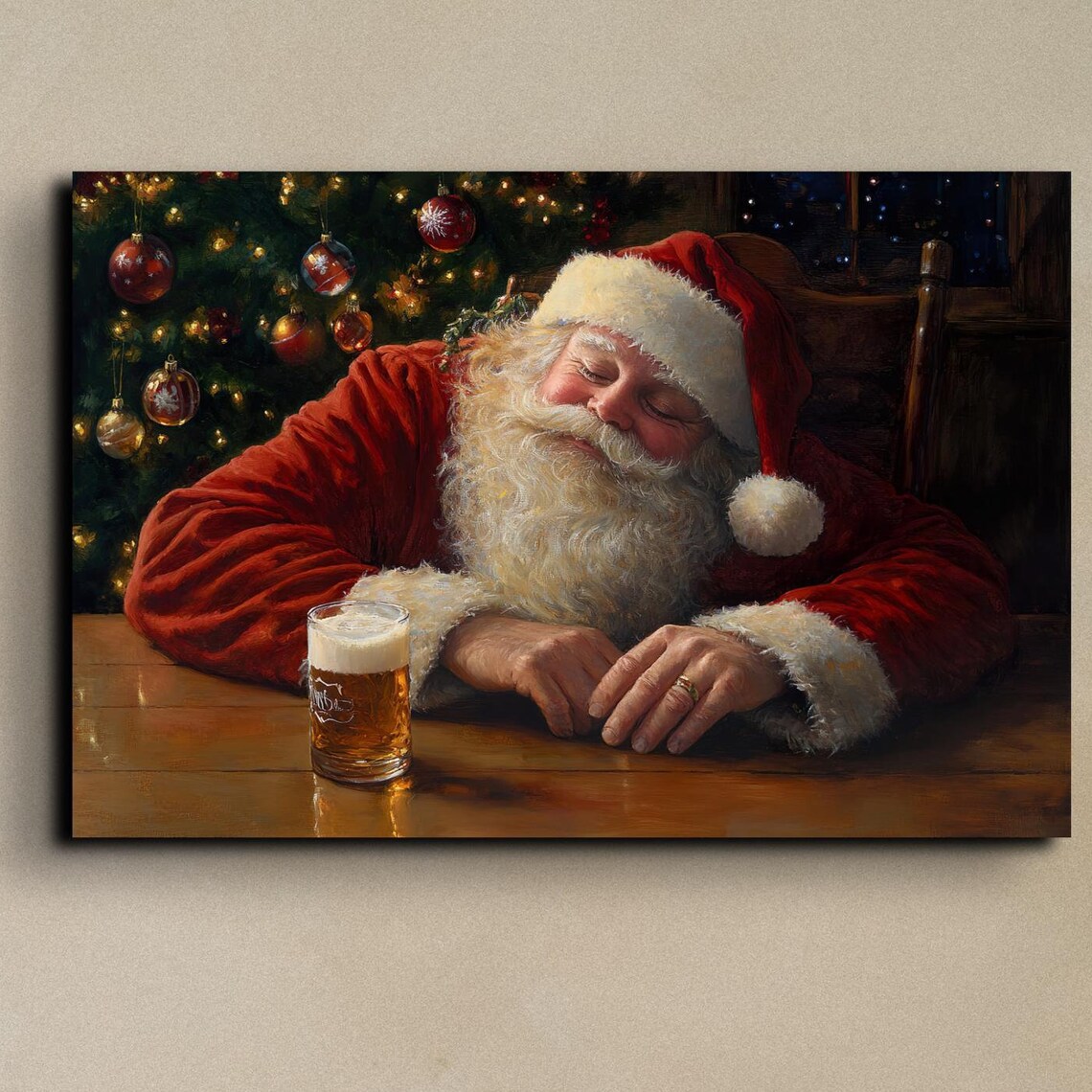 Sleeping Santa With Beer Funny Christmas Tavern Scene Poster