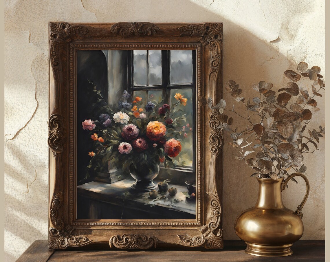 Moody Peony Bouquet Windowsill Vintage Dark Floral Still Life Poster - Image 5