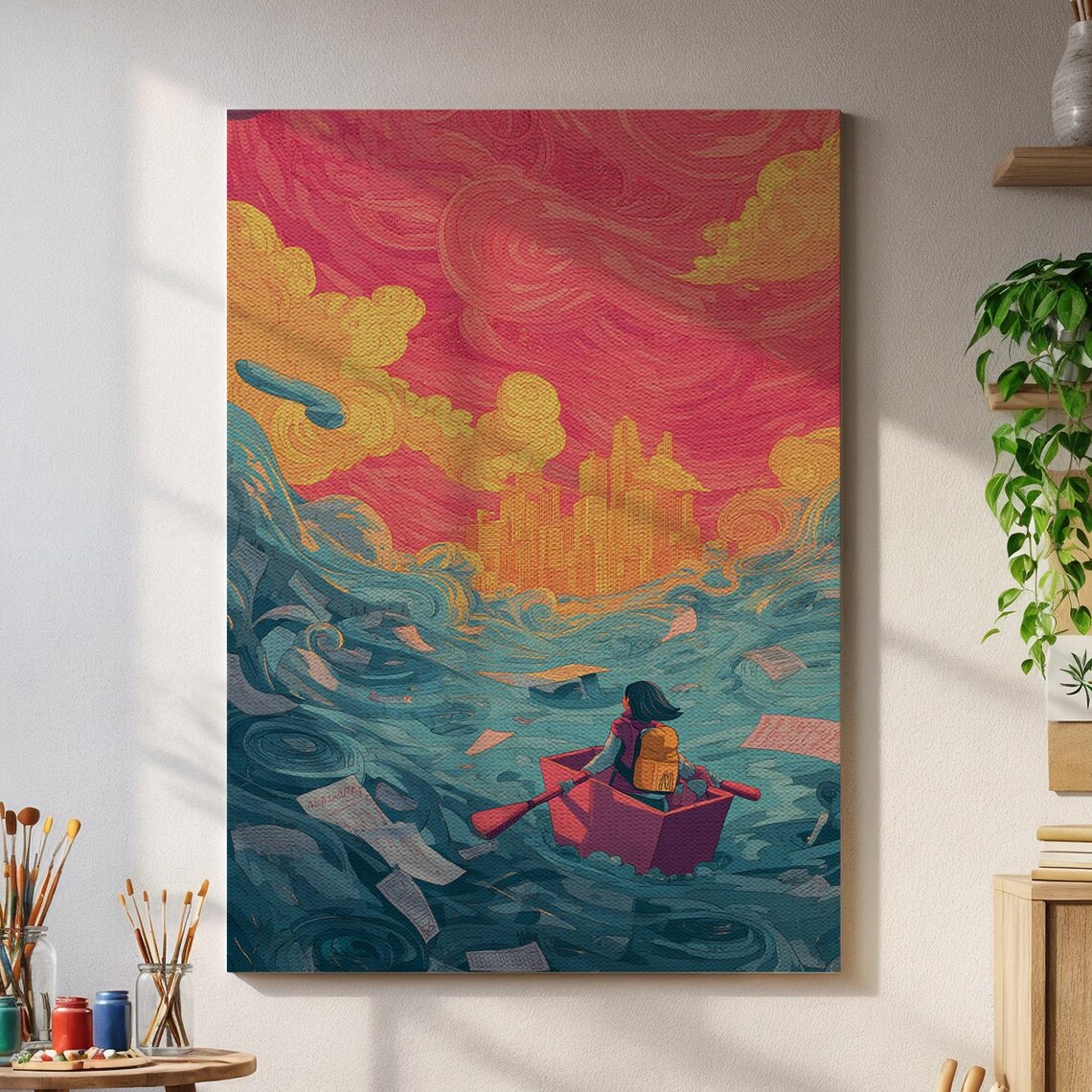 Girl Rowing Through Paper Wave Toward Golden City Fantasy Wall Art