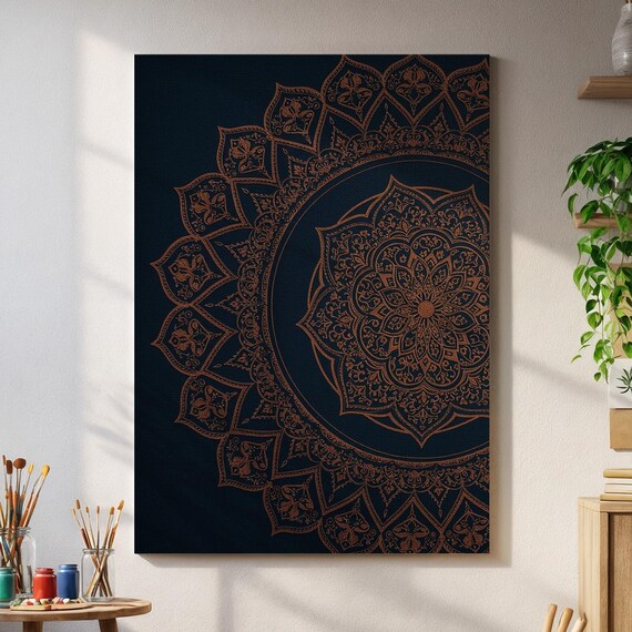 Elegant Mandala Wall Art On Black Canvas Intricate Copper Linework Bohemian Spiritual Decor Yoga Room Print Zen Home Accent