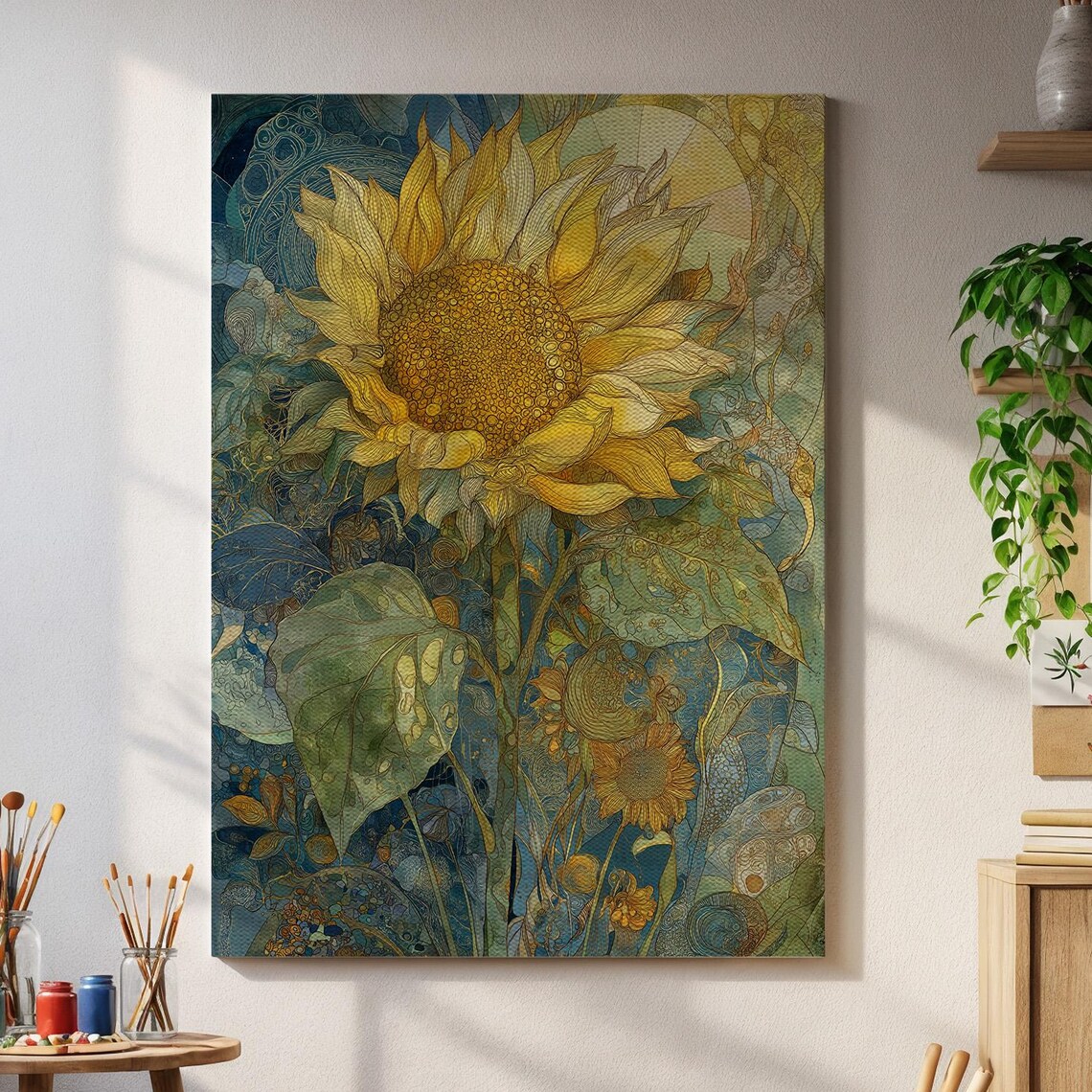 Golden Sunflower Intricate Botanical Art Nouveau Style Poster
