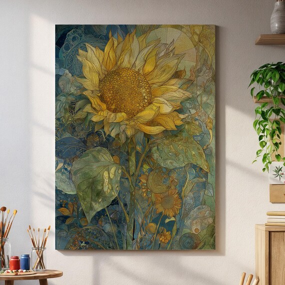 Golden Sunflower Botanical Wall Art Intricate Floral Painting Print With Vintage Patterns For Rustic Farmhouse And Nature Inspired