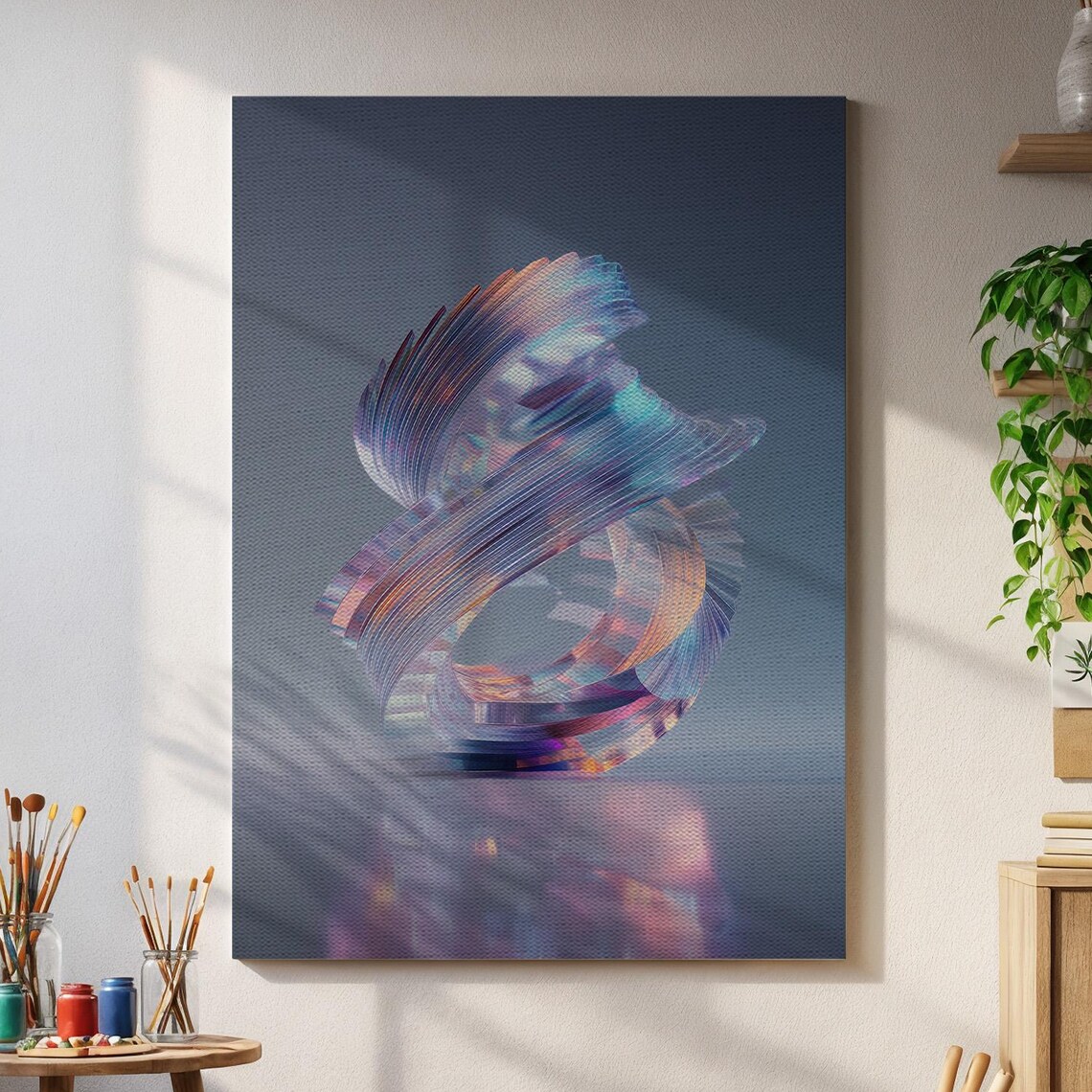 Holographic Abstract Wall Art Twisting 3d Glass Sculpture With Light Reflections For Futuristic Home Or Office Space