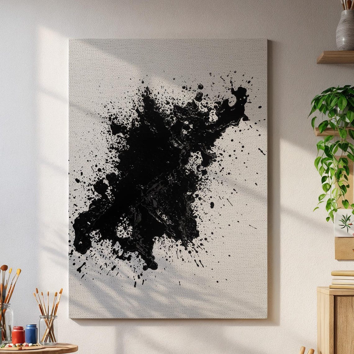 Framed Black Paint Splash Poster Modern Abstract Canvas Wall Art For Minimalist Living Room Bold Office Or Urban Loft Interiors