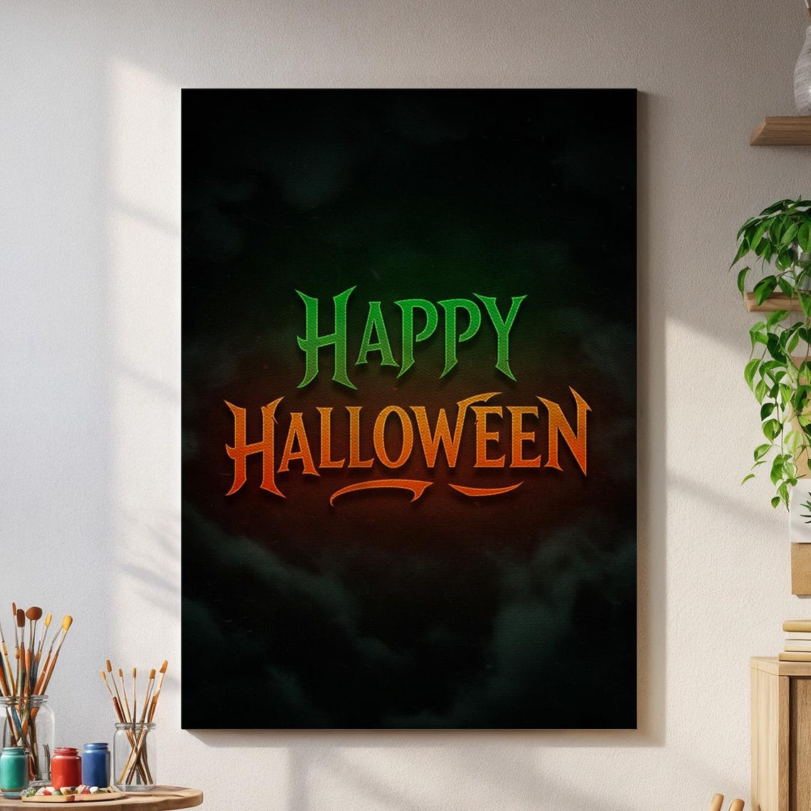 Happy Halloween Typography Spooky Green Orange Gothic Wall Art