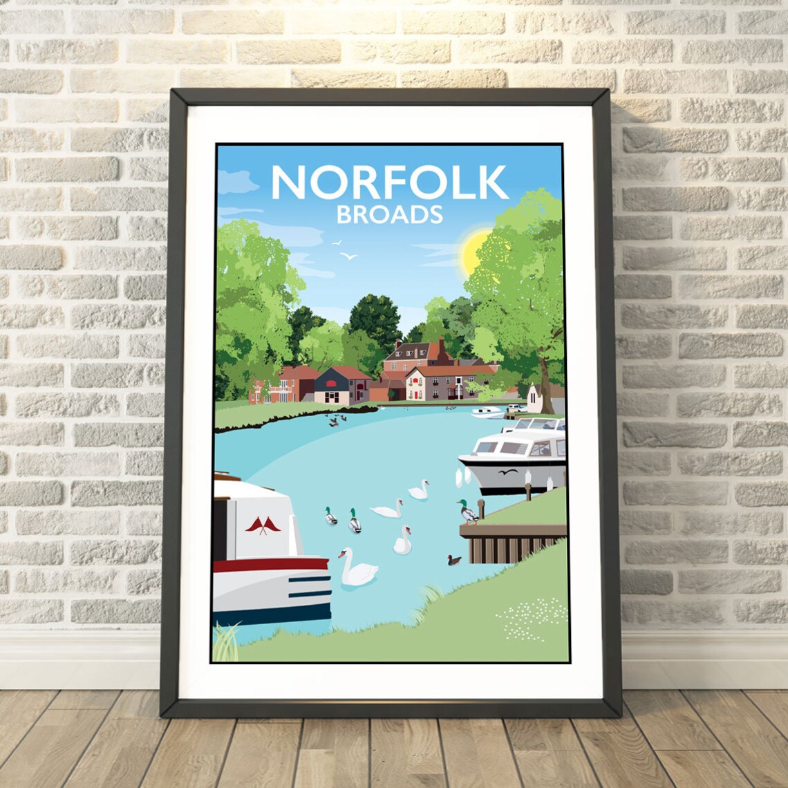 Norfolk Broads River Boats Swans Riverside Village Vintage Travel Poster