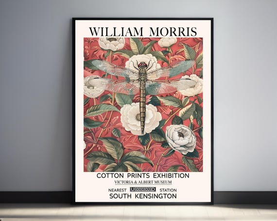 William Morris Dragonfly Print Vintage Wall Art Antique Botanical Illustration Celestial White Orange Floral Home Decor Art Nouveau Gift