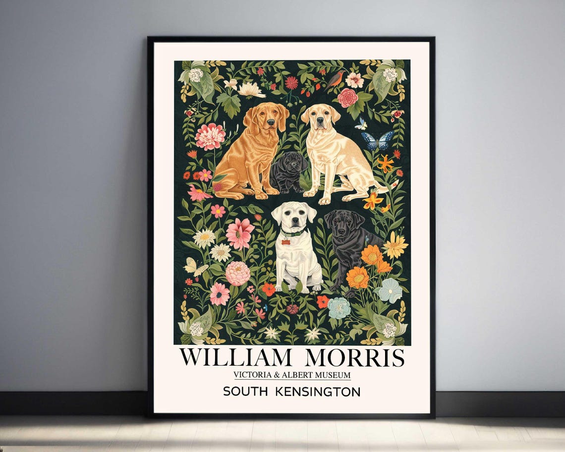 William Morris Five Labrador Dogs Floral Museum Exhibition Poster