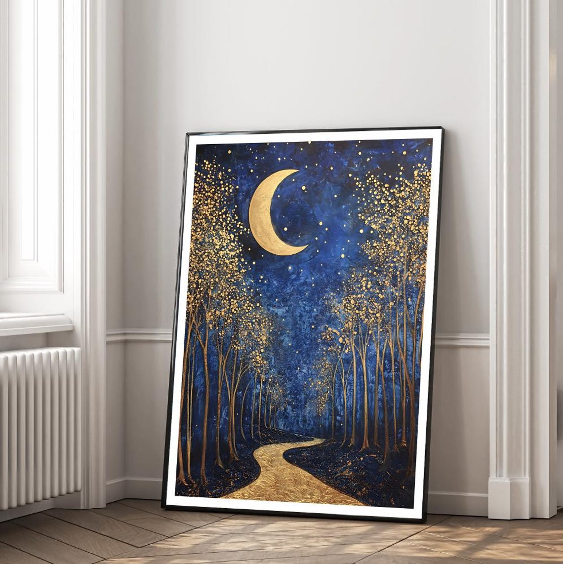 Golden Crescent Moon Forest Path Blue Night Enchanted Woods Poster - Image 2