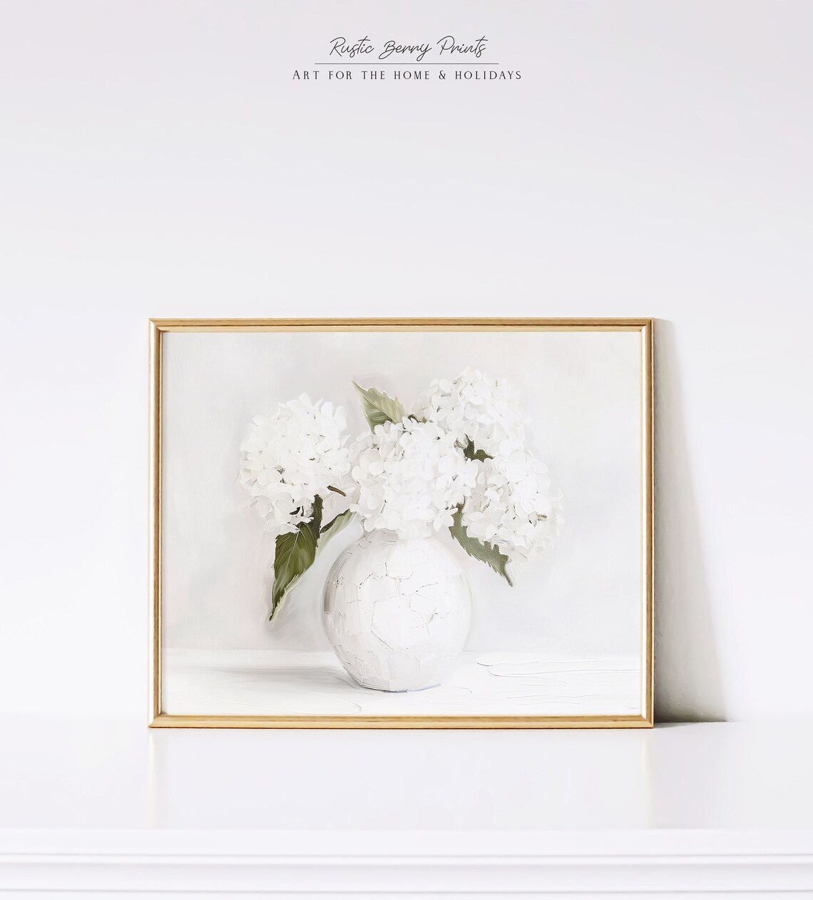 White Hydrangeas Round White Vase Green Leaves Soft Floral Art Poster