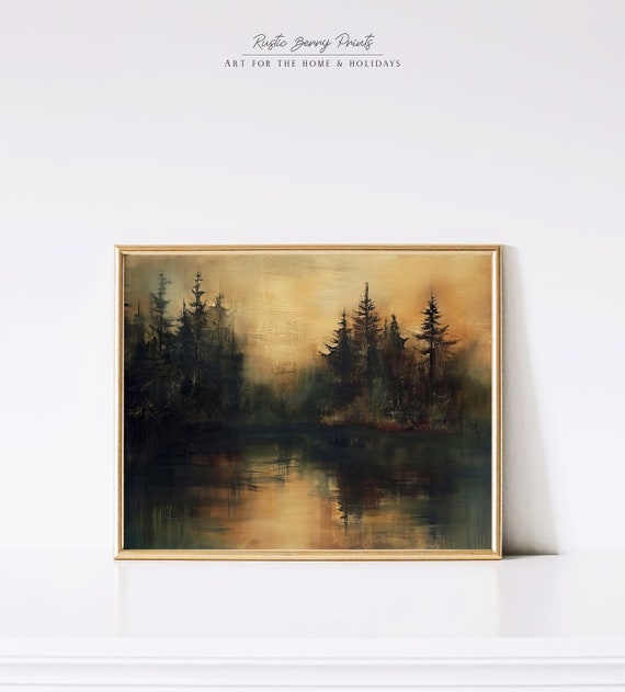 Vintage Moody Forest Lake Landscape Oil Painting Wall Art Rustic Print Dark Tones Print Pine Trees Instant