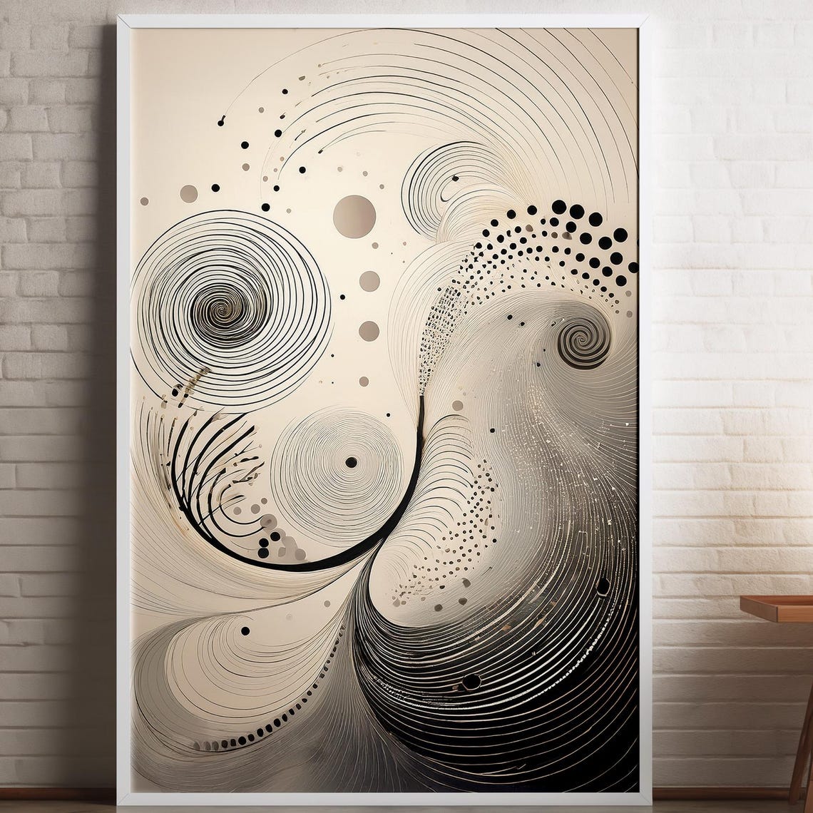 Minimalist Abstract Swirl Black Beige Line Spiral Art Poster