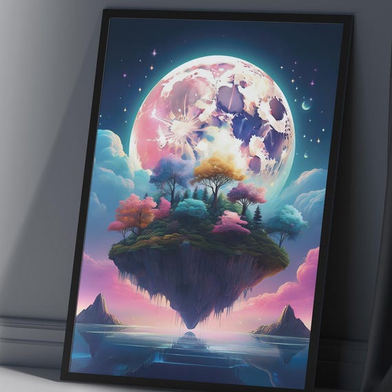 Surreal Floating Island Wall Art Dreamy Pastel Trees Moon Landscape Fantasy Poster