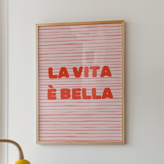La Vita E Bella Cheerful Red Bubble Pink Striped Italian Poster