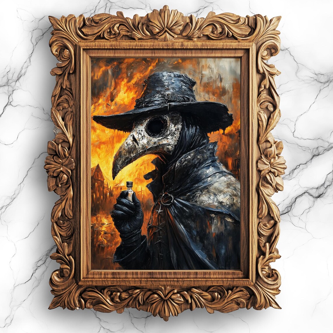 Plague Doctor Holding a Vial Against a Fiery Background Poster