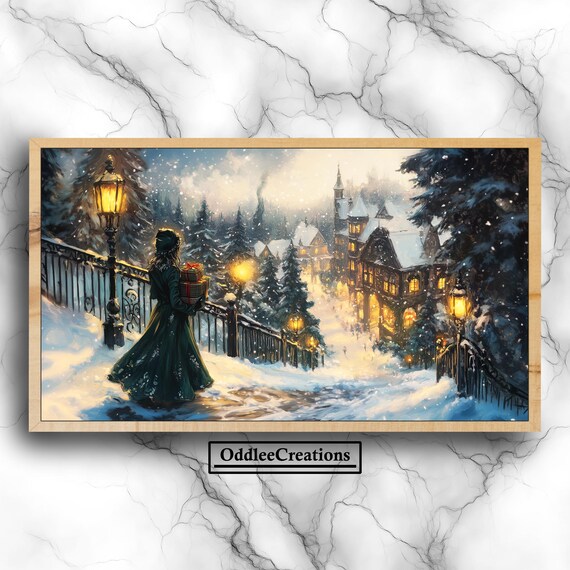Victorian Christmas Snowy Town Night Lights Winter Holiday Wall Art