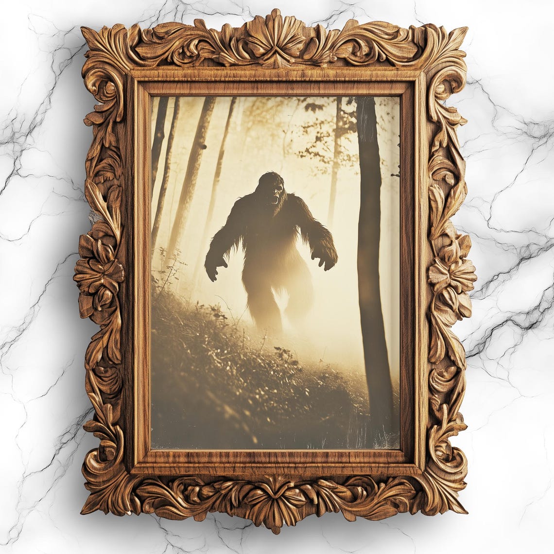 Bigfoot Silhouette In A Misty Forest Vintage Style Art Print