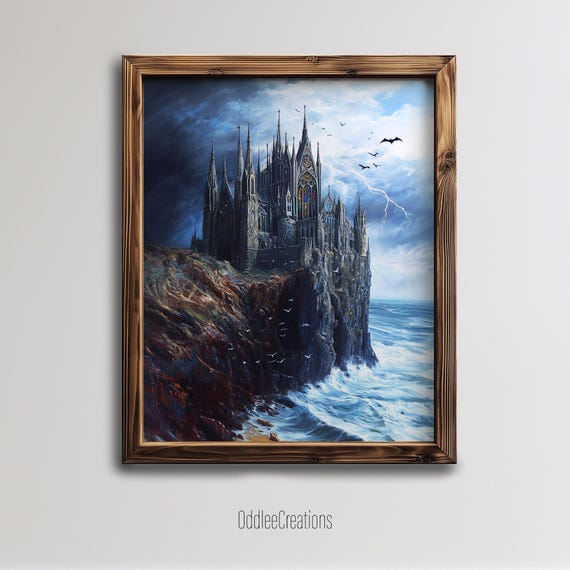 Stormy Gothic Castle Art Dark Fantasy Landscape Wall Print Haunted Cliff Ruins Poster Sce143