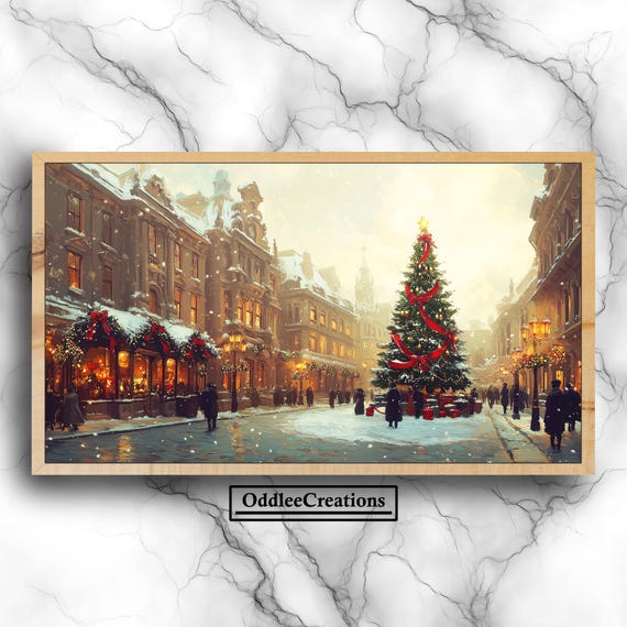 Moody Dusk Victorian Christmas Town Square Art For Frame Tv Candlelit Tree And Snowcovered Streets Tlv7