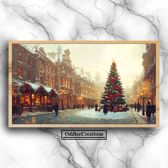 Victorian Christmas Town Square At Snowy Dusk Holiday Art Poster