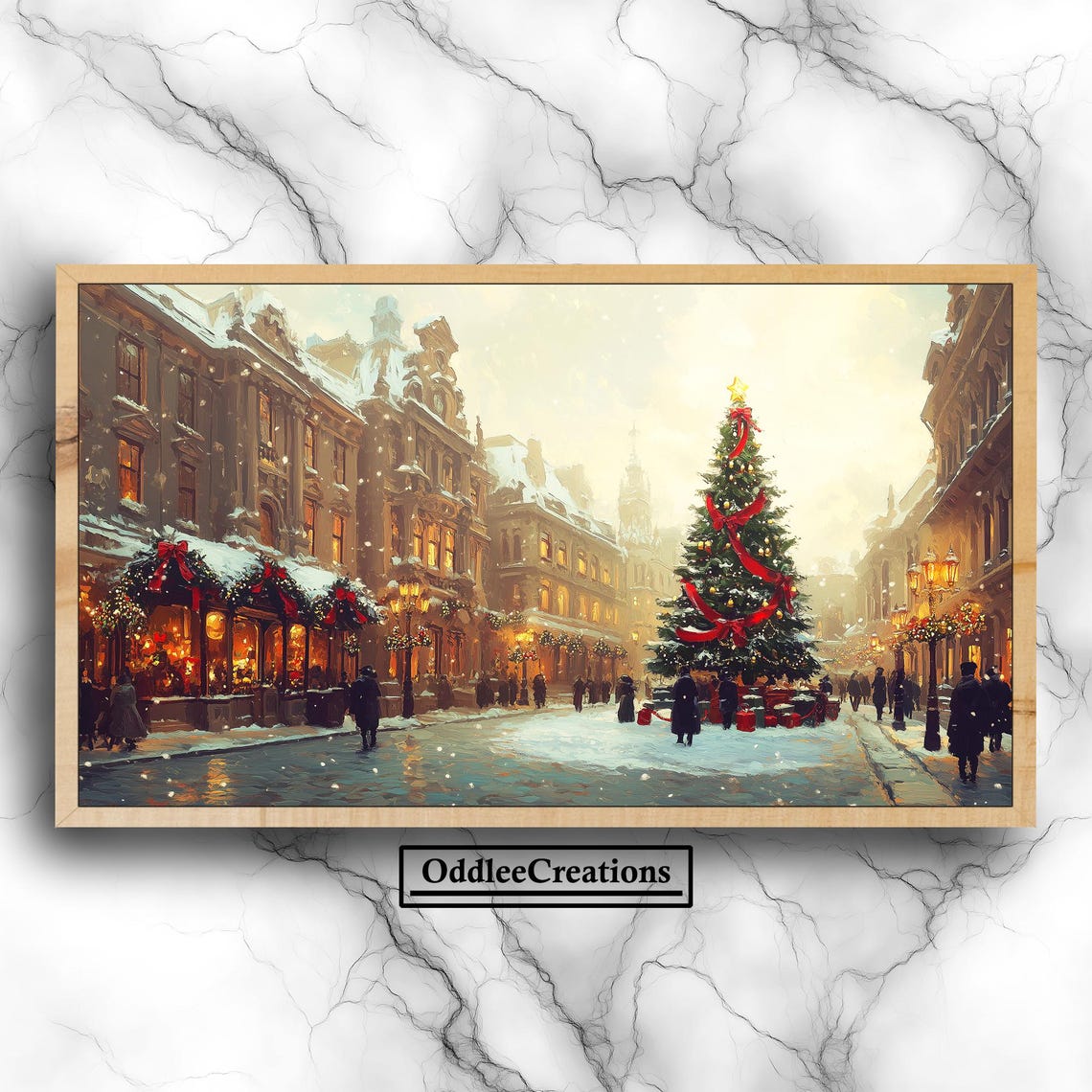Victorian Christmas Town Square At Snowy Dusk Holiday Art Poster