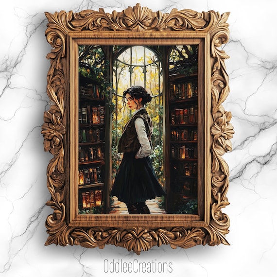 Female Adventurer Enchanted Library Dark Academia Oil Painting Poster