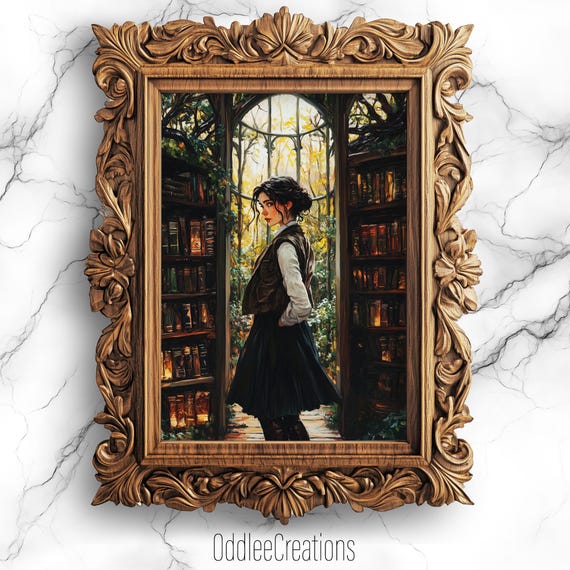 Strong Female Adventurer Entering Magical Library Dark Academia Oil Painting Enchanted Gothic Wall Art Prt73