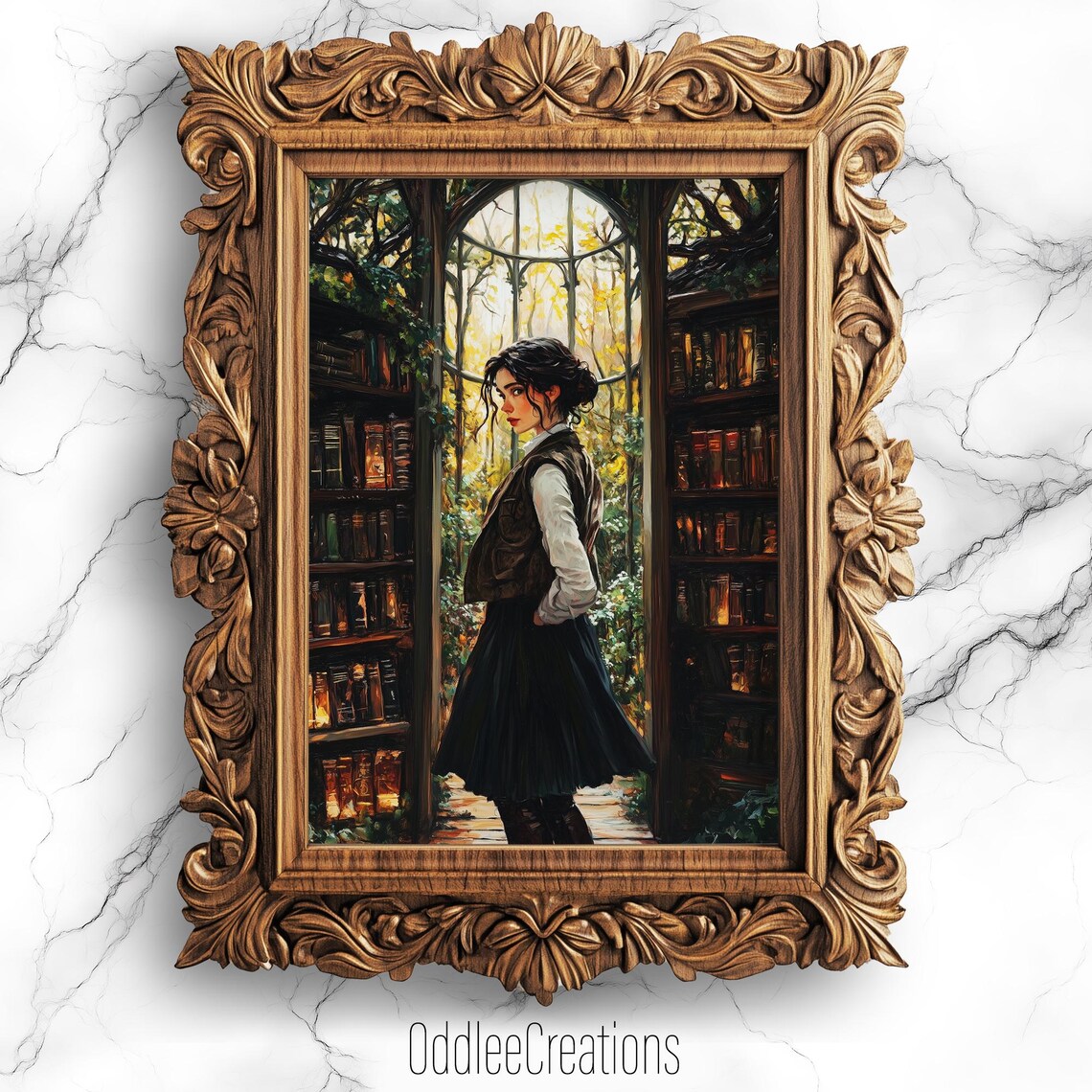 Female Adventurer Enchanted Library Dark Academia Oil Painting Poster