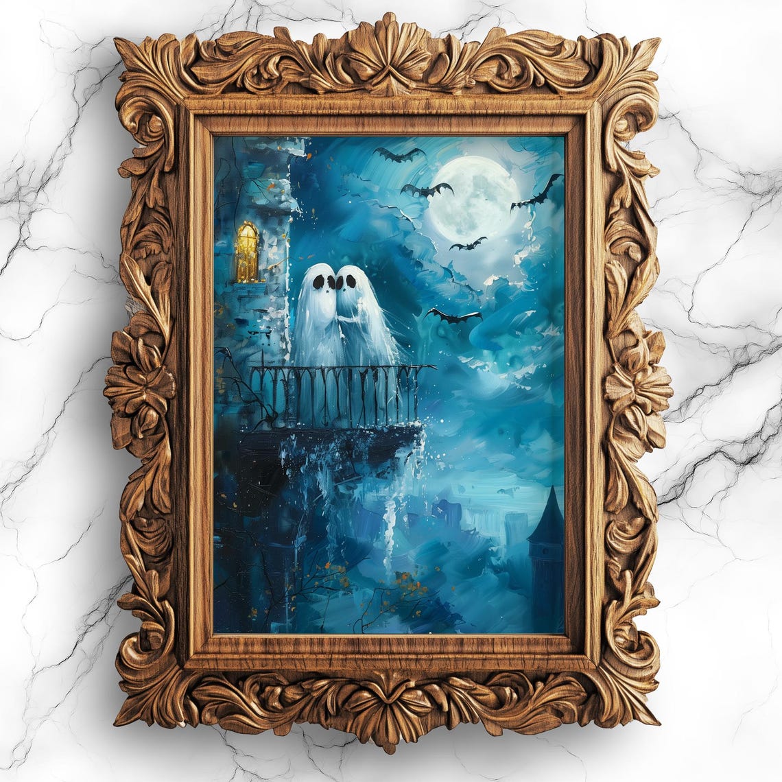Ghostly Couple Under Moonlight Haunted Balcony Halloween Poster
