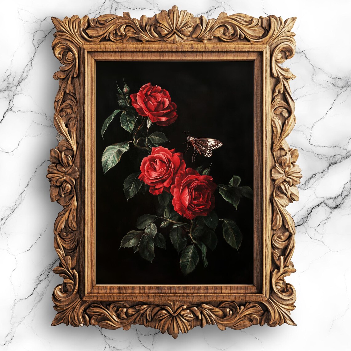 Dark Red Roses With Butterfly Classic Floral Oil Painting Poster