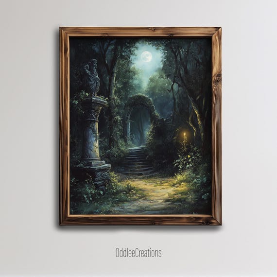 Enchanted Forest Pathway Art Moonlight Oil Painting With Ancient Ruins And Glowing Vines Wall Decor Sce147