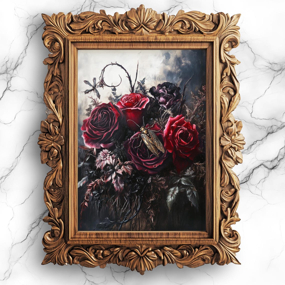 Dark Gothic Red Roses Bouquet Moody Romantic Botanical Art Poster