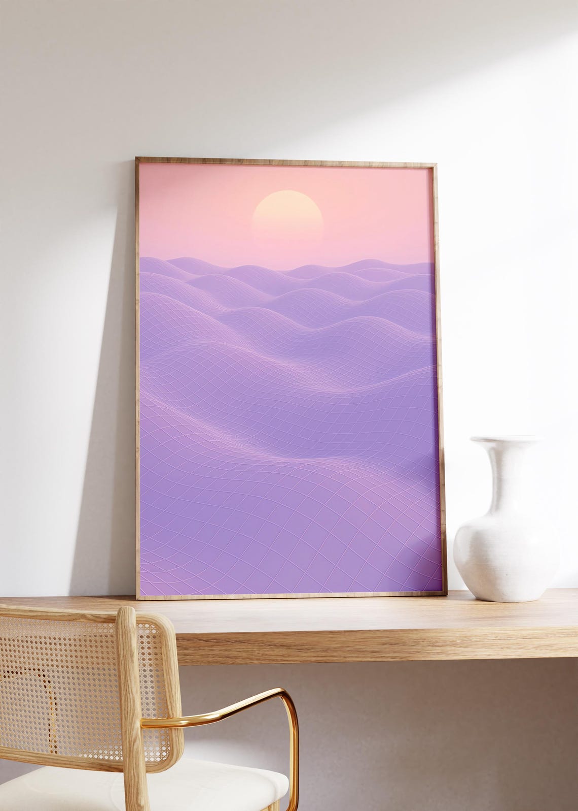 Lilac Wireframe Dunes Under Soft Pink Sun Pastel Dream Poster
