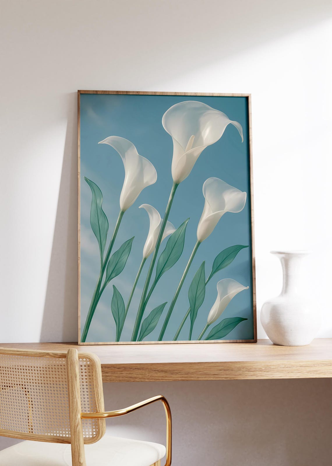 White Calla Lilies Teal Background Minimal Elegant Floral Poster