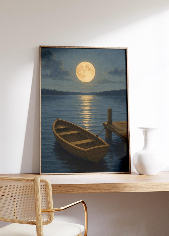 Moonlight Boat Wall Art Print Wooden Rowboat On Still Lake Full Moon Reflection Scene Quiet Night Decor Minimal Nature Dockside Poster