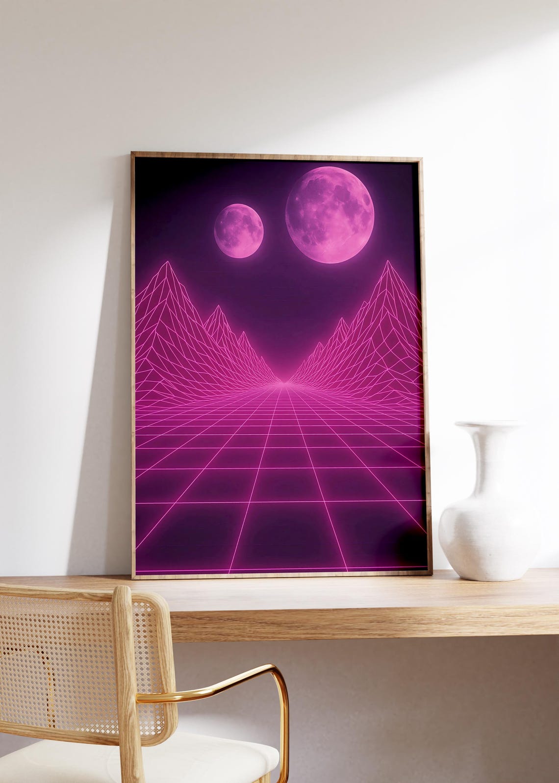 Twin Pink Moons Over Glowing Wireframe Mountains Neon Valley Poster