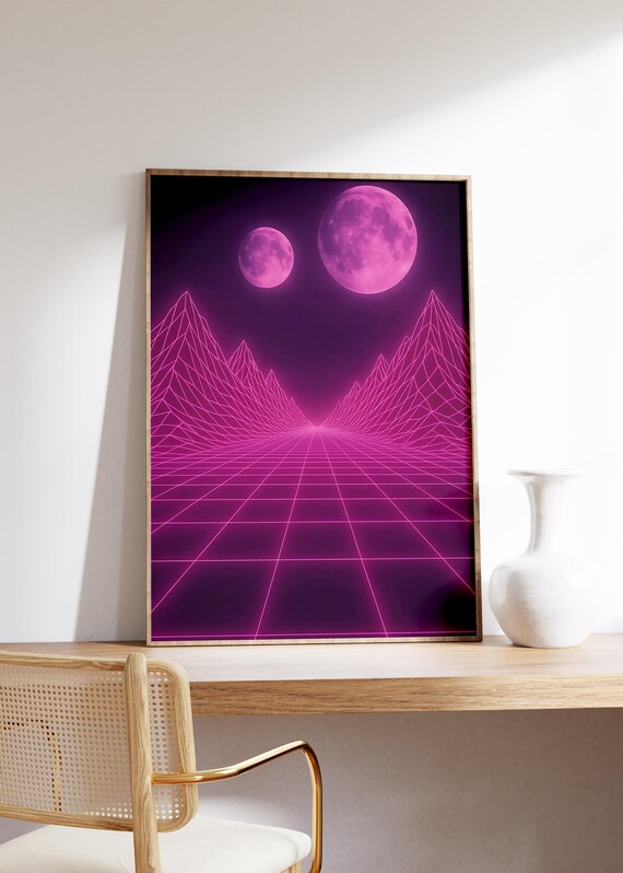 Twin Pink Moons Over Glowing Wireframe Mountains Neon Valley Poster